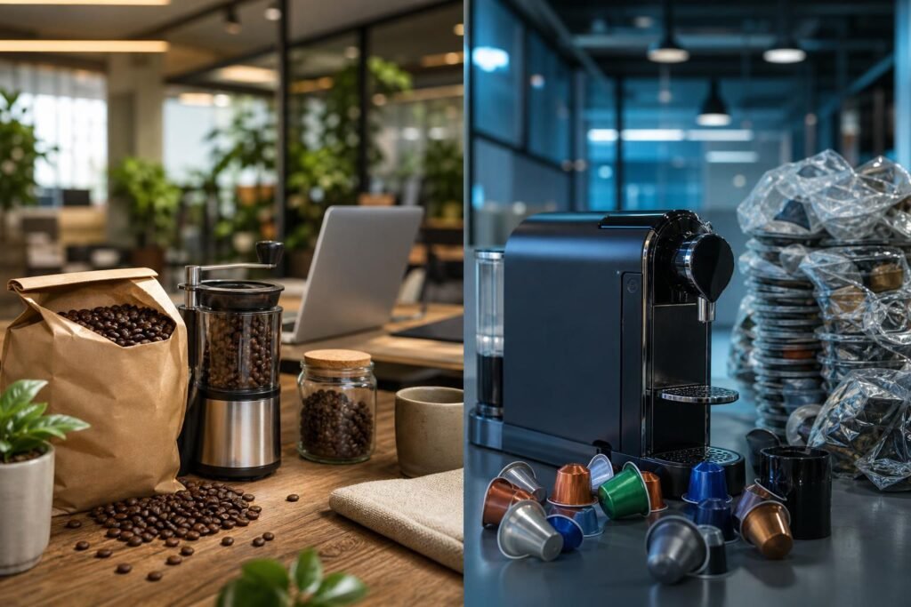 découvrez l'impact écologique et financier du café en grain versus les capsules en entreprise pour faire un choix responsable et économique.
