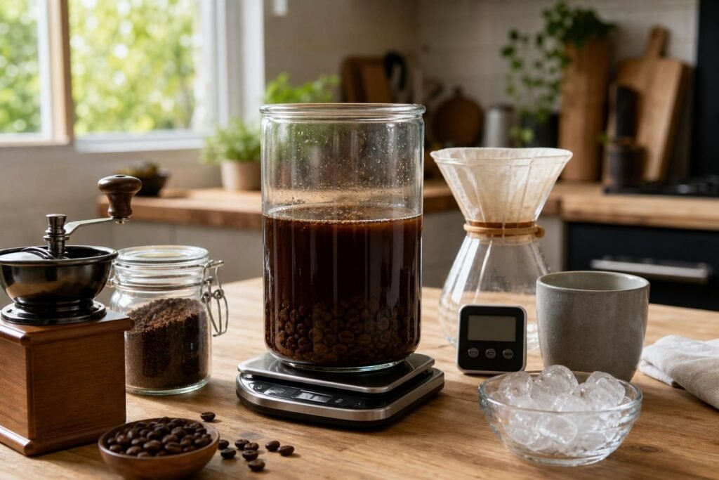 découvrez comment préparer un cold brew maison parfait avec notre recette, les ratios idéaux et le temps d'infusion recommandé pour un café glacé riche en saveurs.